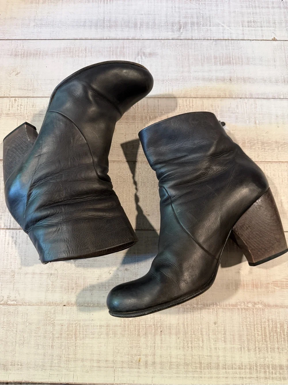 Coclico Brown Leather Slouch Ankle Boots Wood Block Heel EU 39.5 Distressed